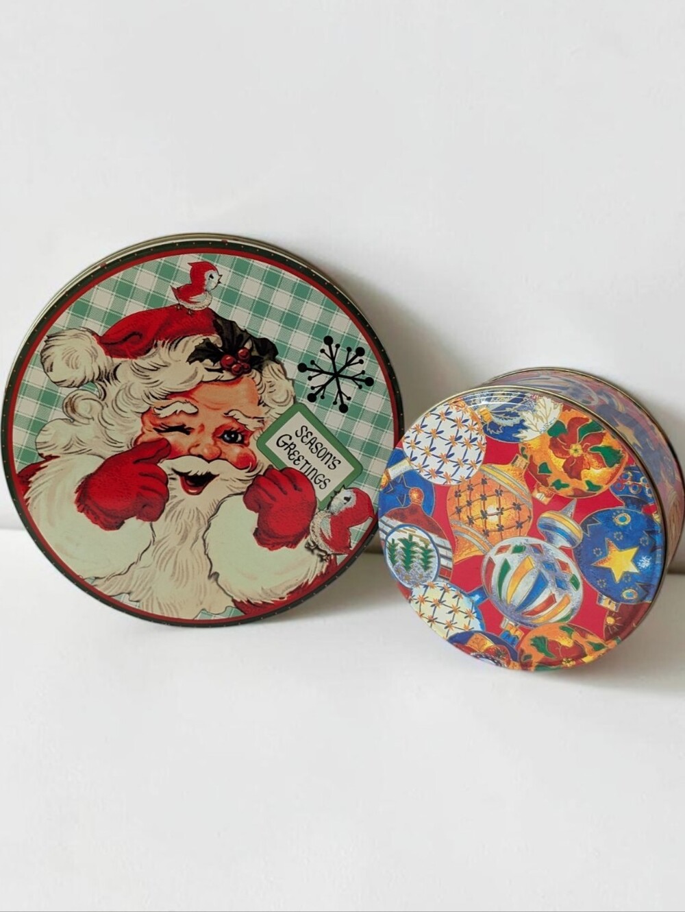 Vintage 2-Piece Christmas Tin Set Winking Santa & Mod Holiday Ornaments